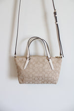 Coach Tan White Leather Monogram Mini Kelsey Satchel Crossbody Purse