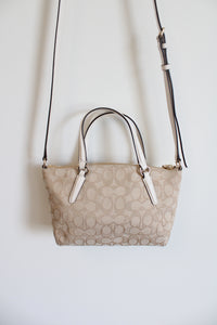 Coach Tan White Leather Monogram Mini Kelsey Satchel Crossbody Purse