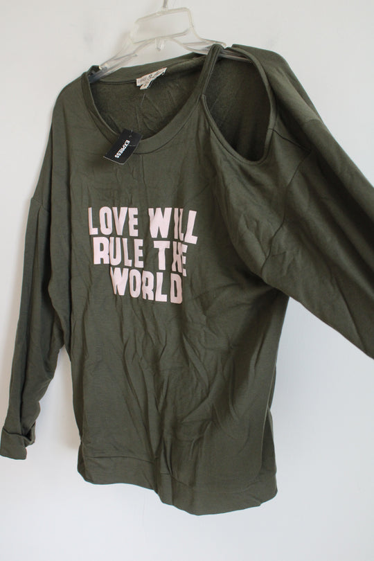 NEW Express One Eleven Olive Green "Love Will Rule The World" Slouchy Top | M