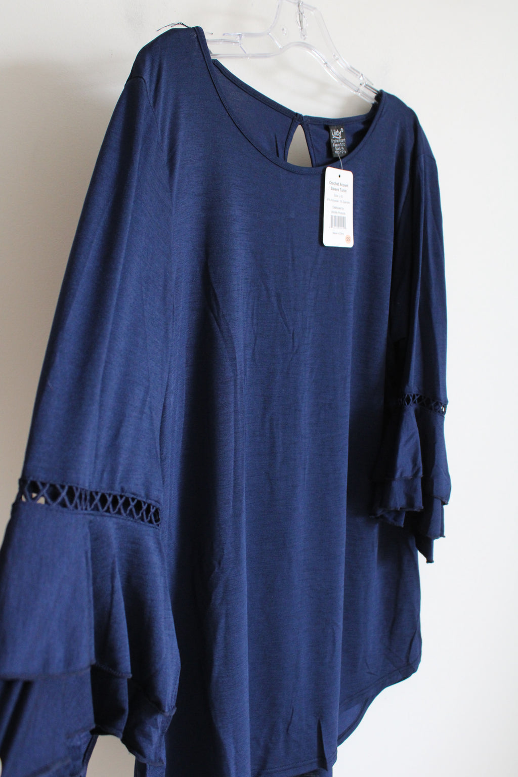 NEW Lildy Navy Blue Crochet Accent Sleeve Tunic Shirt | L/XL