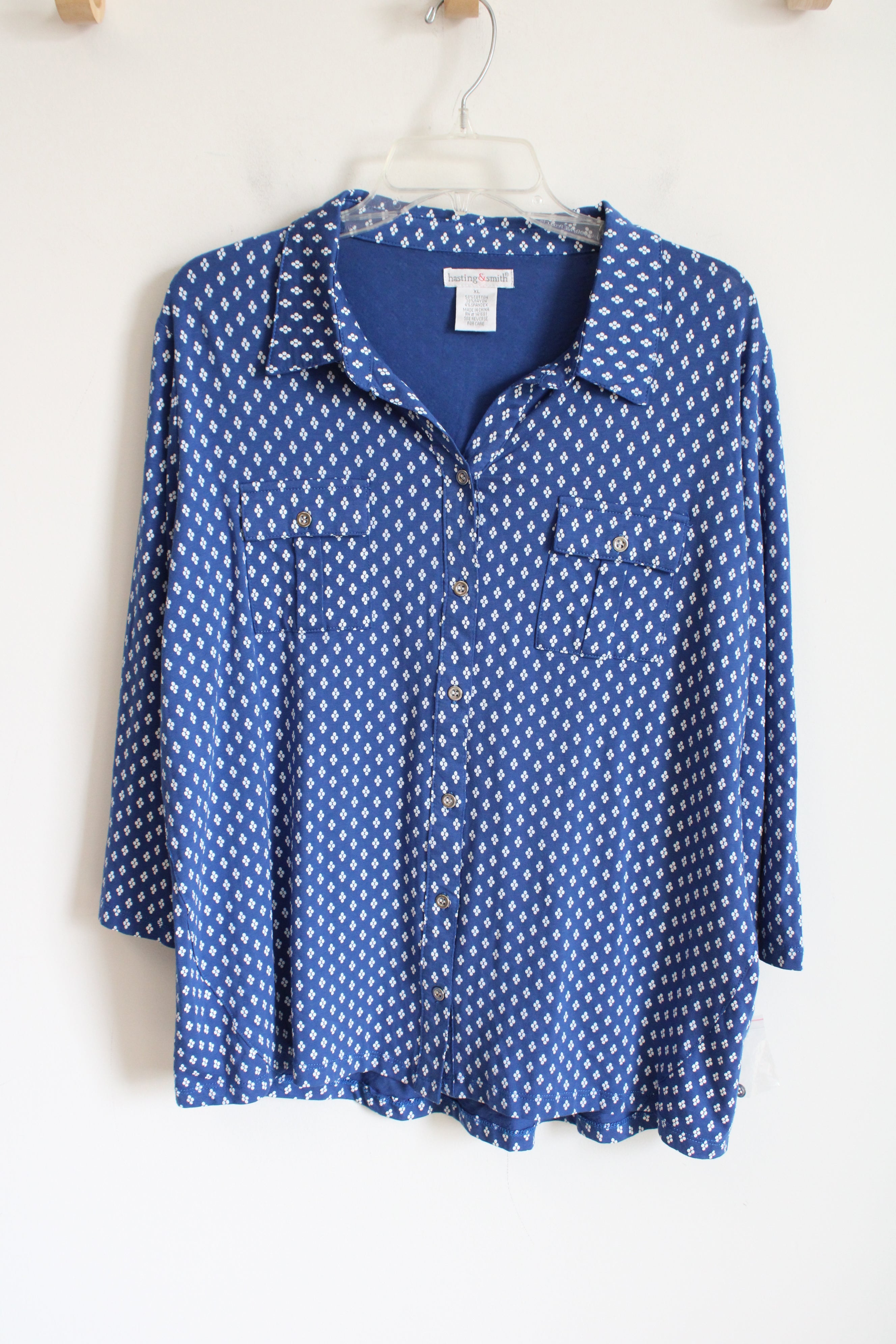 NEW Hasting & Smith Blue White Patterned Cotton Blend Top | XL