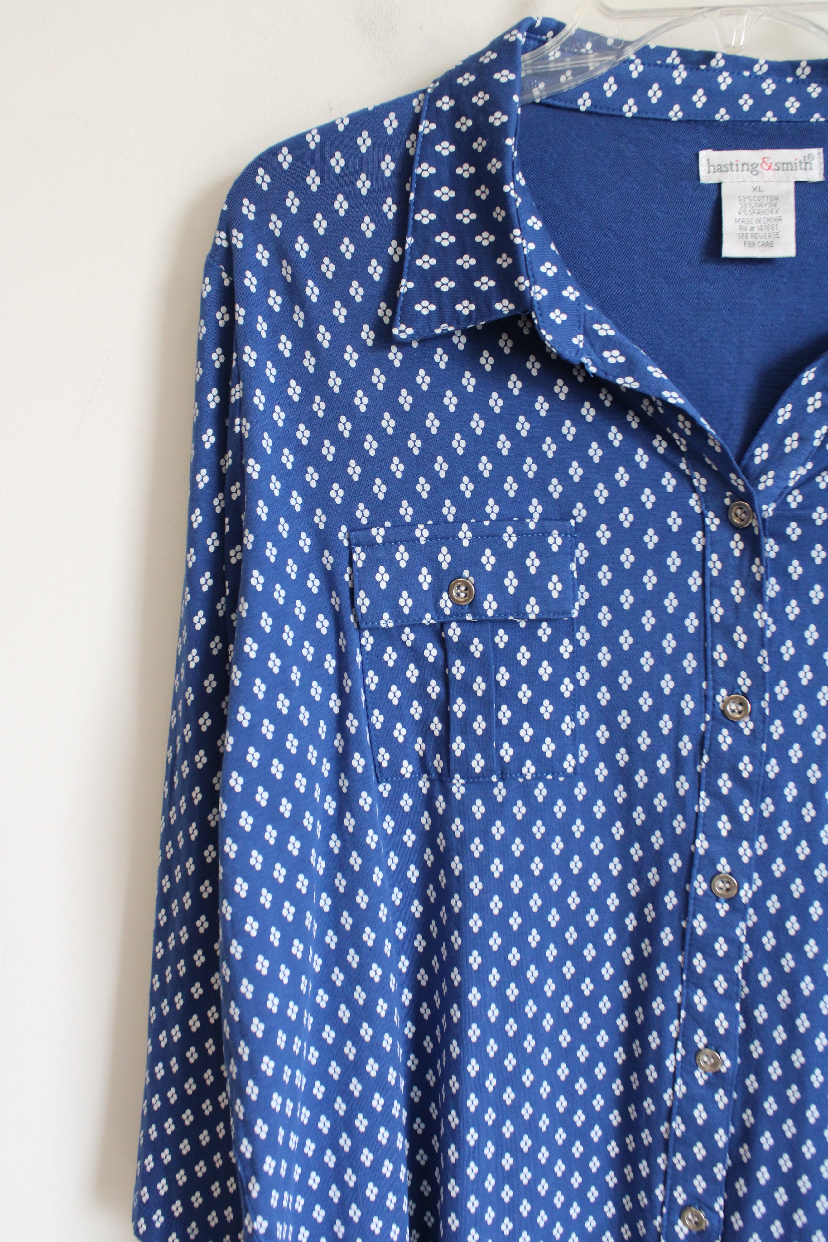 NEW Hasting & Smith Blue White Patterned Cotton Blend Top | XL