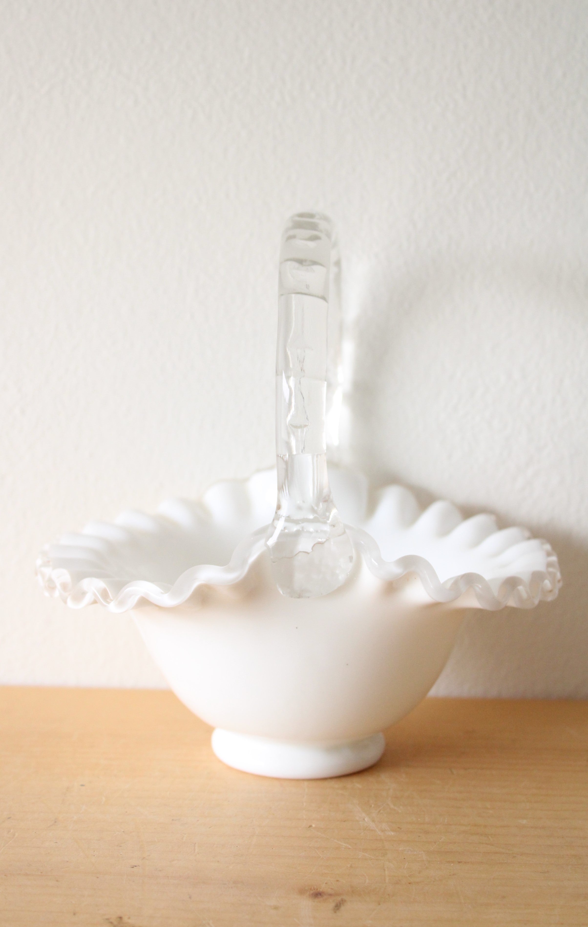Fenton Milk Glass Scalloped Basket Candy Dish