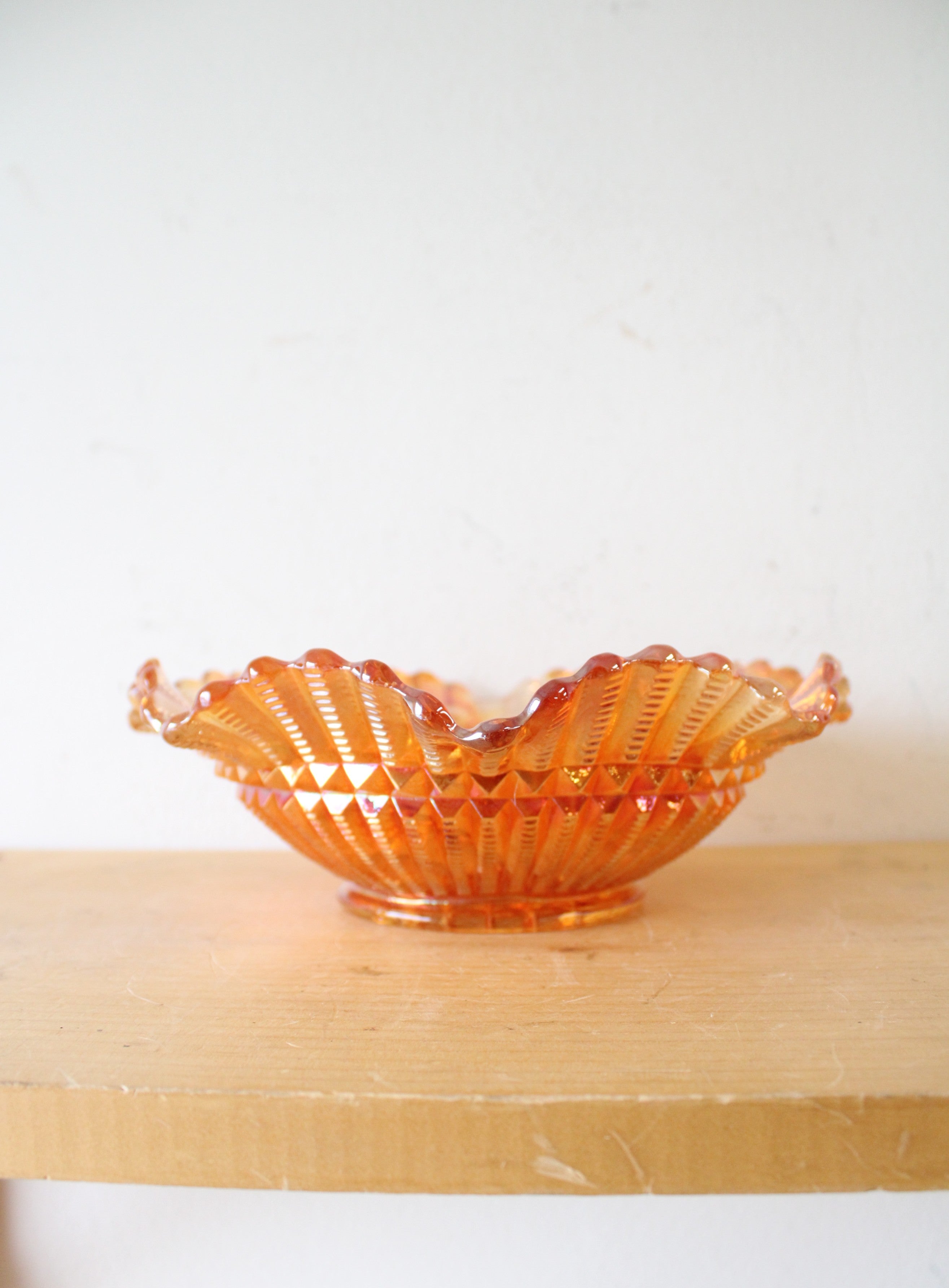 Imperial Marigold Carnival Iridescent Glass Embossed Ruffled Edge Bowl