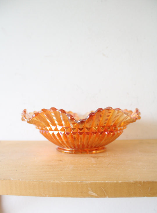 Imperial Marigold Carnival Iridescent Glass Embossed Ruffled Edge Bowl