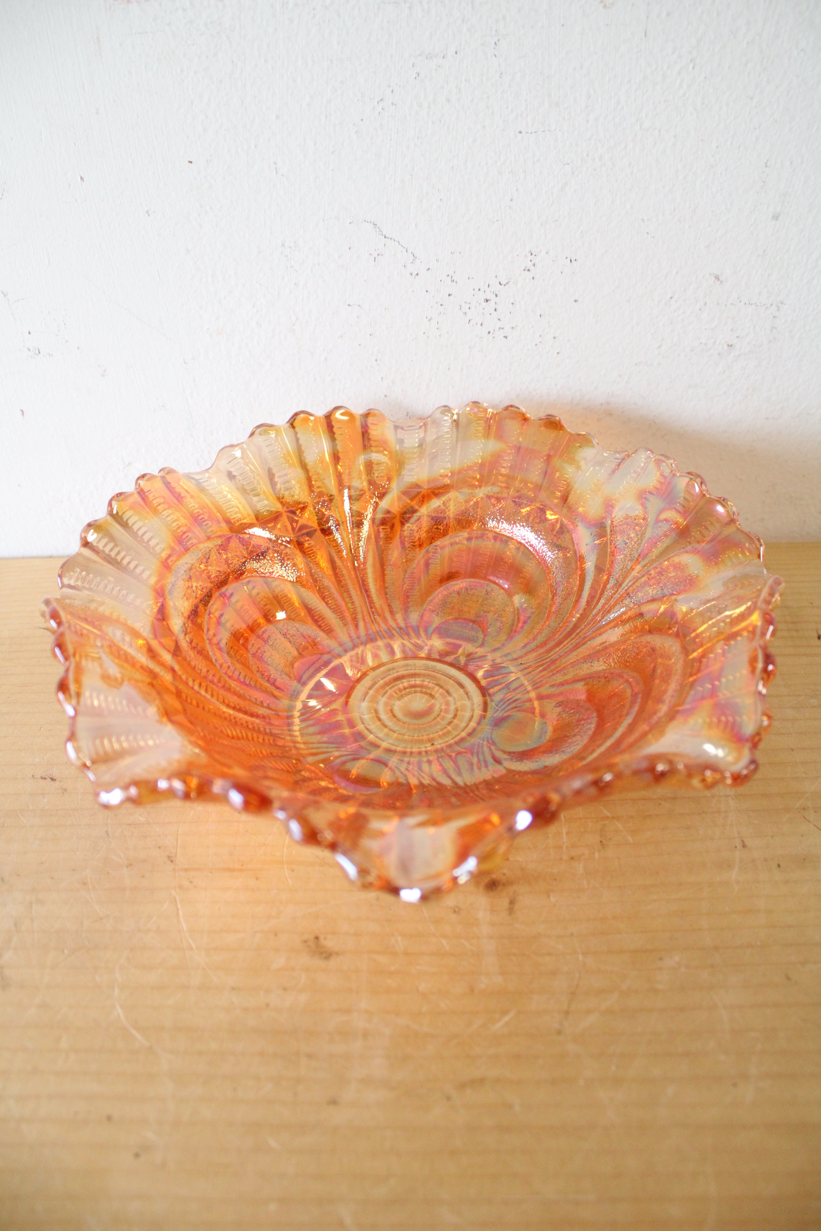 Imperial Marigold Carnival Iridescent Glass Embossed Ruffled Edge Bowl