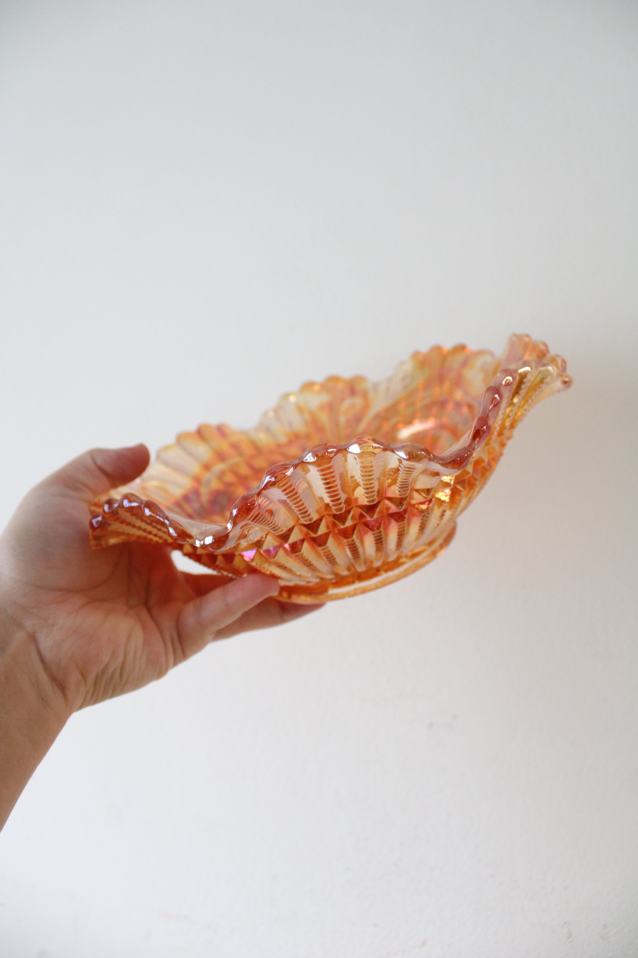 Imperial Marigold Carnival Iridescent Glass Embossed Ruffled Edge Bowl