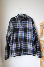 Chaps Gray Blue & Black Plaid Fleece 1/4 Button Jacket | L