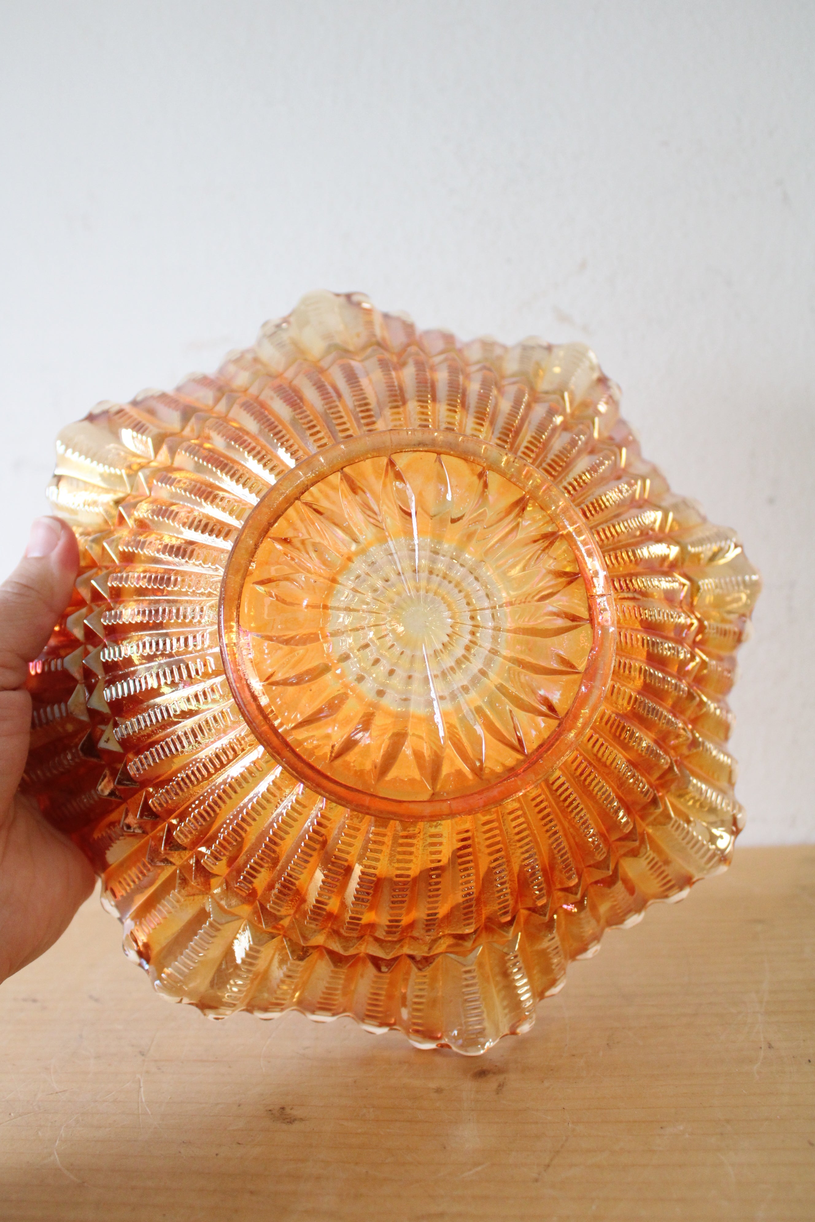 Imperial Marigold Carnival Iridescent Glass Embossed Ruffled Edge Bowl