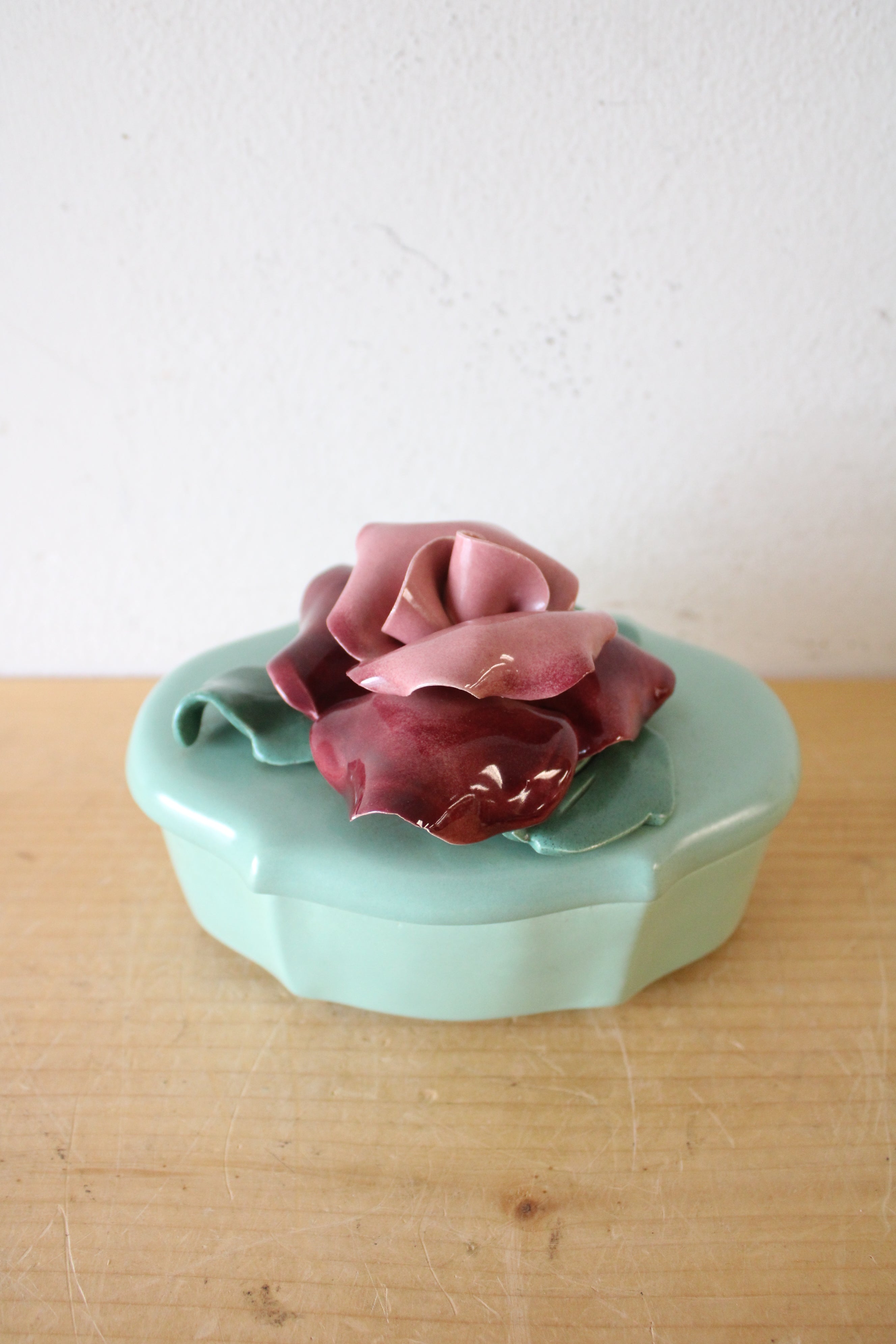 Vintage Johannes Brahm Rose Ceramic Green Trinket Dish