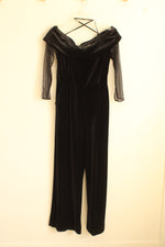 Calvin Klein Black Velvet Off Shoulder Jumpsuit with Pockets and Sheer 3/4 Sleeves | 8