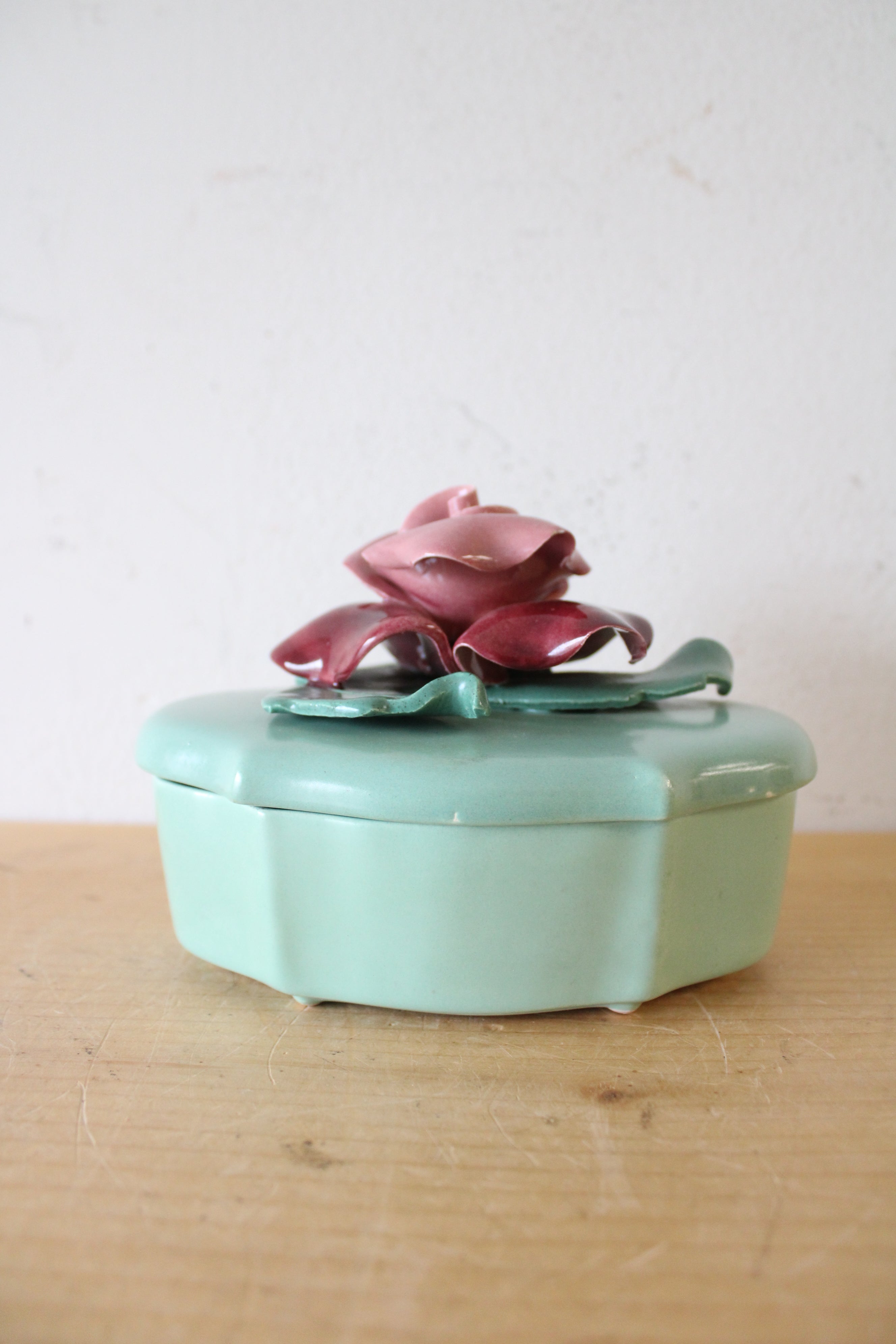 Vintage Johannes Brahm Rose Ceramic Green Trinket Dish