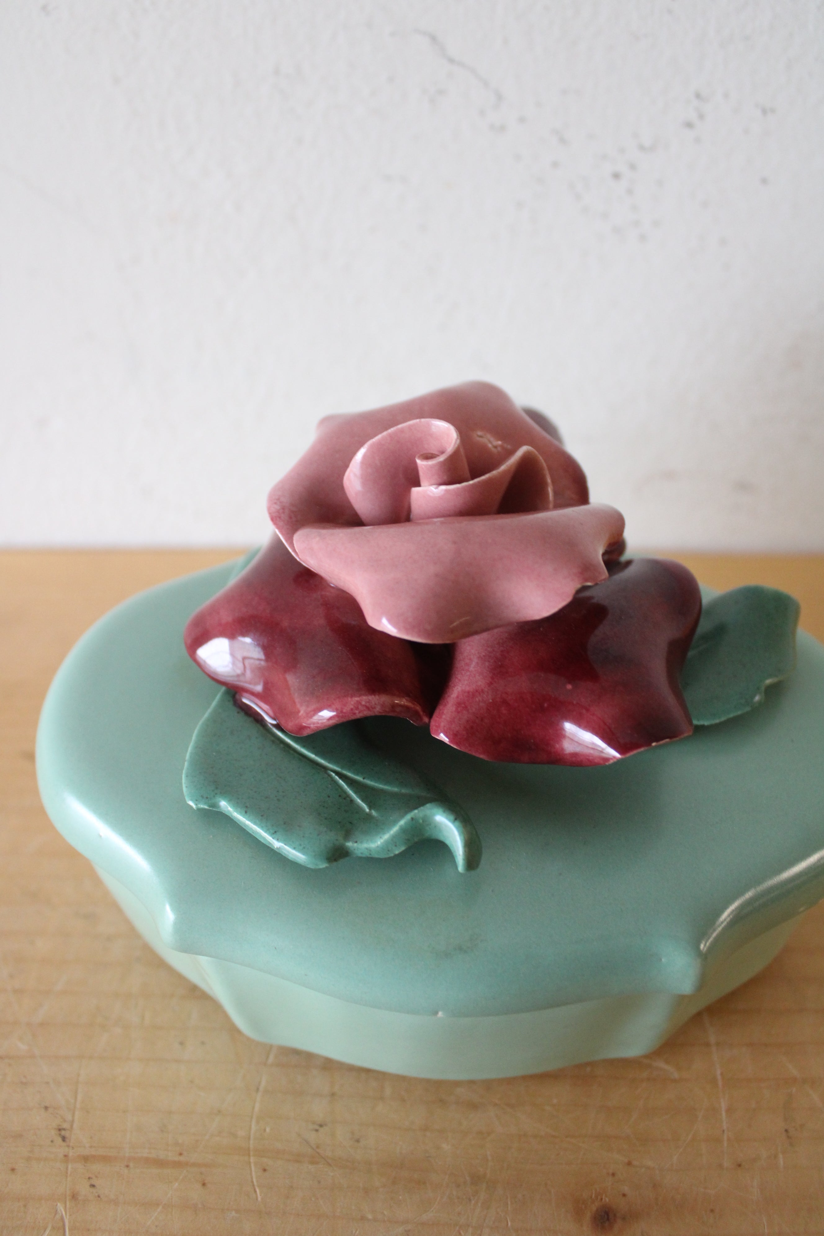 Vintage Johannes Brahm Rose Ceramic Green Trinket Dish
