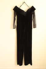Calvin Klein Black Velvet Off Shoulder Jumpsuit with Pockets and Sheer 3/4 Sleeves | 8