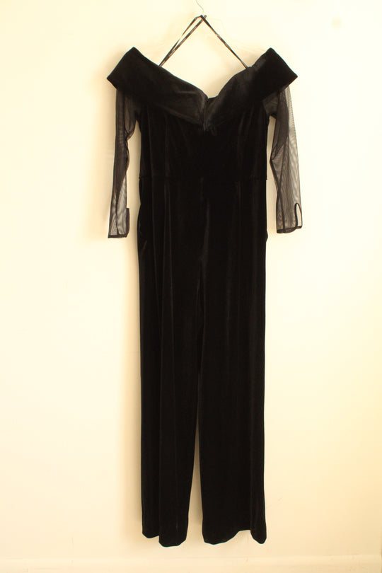 Calvin Klein Black Velvet Off Shoulder Jumpsuit with Pockets and Sheer 3/4 Sleeves | 8