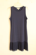Michael Kors Navy Blue Sleeveless Stretch Dress with Bottom Pleating | S
