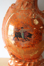 Orange Porcelain Spanish Bull Motif Large Pitcher Vase