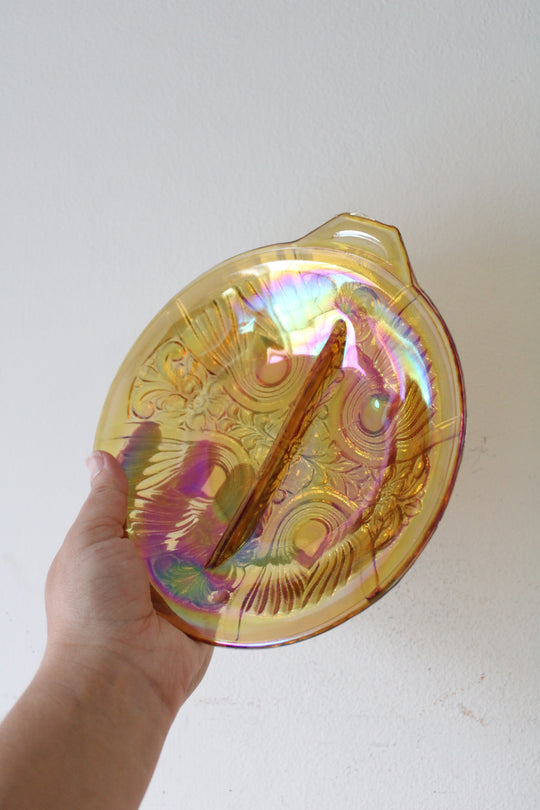 Vintage Amber Carnival Iridescent Glass Divided Dish