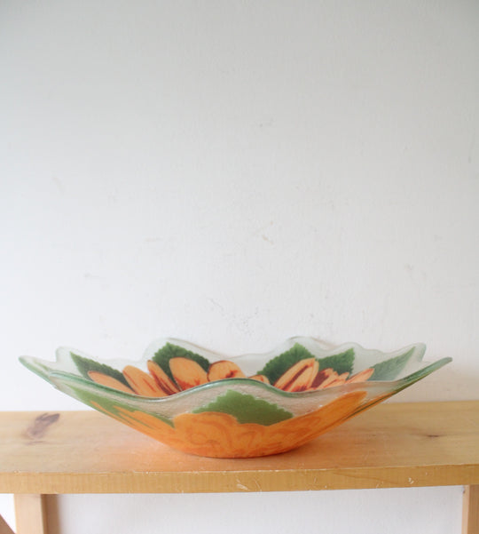 Orange Chrysanthemum Hand Blown Large Glass Bowl