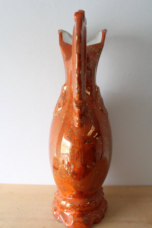 Orange Porcelain Spanish Bull Motif Large Pitcher Vase
