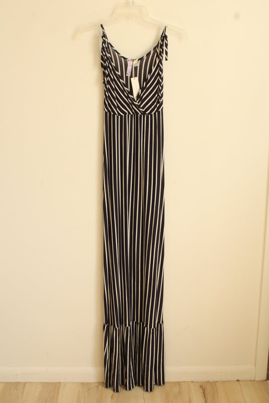 NEW Alya from Francesca's Blue and White Striped V-neck Maxi Dress with Bottom Ruffle | XS