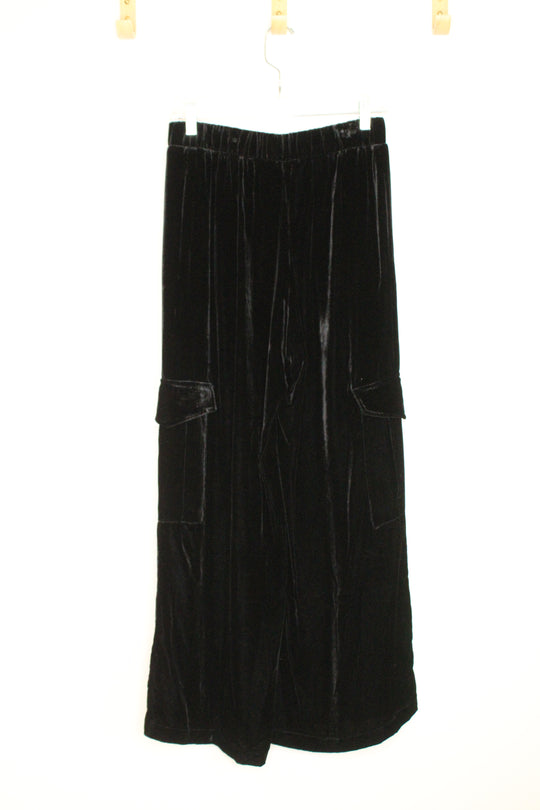 Johnny Was Jade Black Velvet Silk Wide Leg Cargo Pants | XS