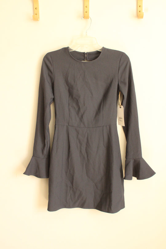 NEW Leith for Nordstrom Gray Sheath Dress with Open Back and LS Ruffle Sleeves | XS