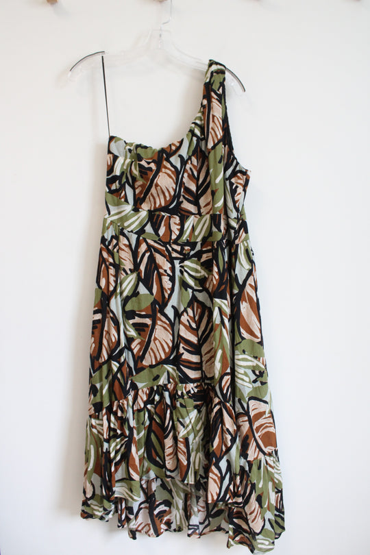 Audrey Parks Green Brown Floral Tropical Print One-Shoulder Dress | XL