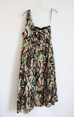 Audrey Parks Green Brown Floral Tropical Print One-Shoulder Dress | XL
