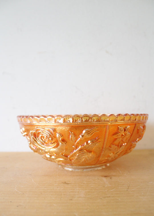 Vintage Marigold Floral Iridescent Carnival Glass Bowl