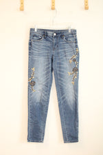 White House Black Market Gold Beaded Floral Straight Leg Jeans | 00