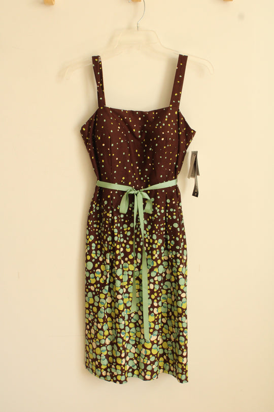 Madison Leigh Petite Vintage Style Brown and Green Polka Dot Dress with Built-in Bra | 6P