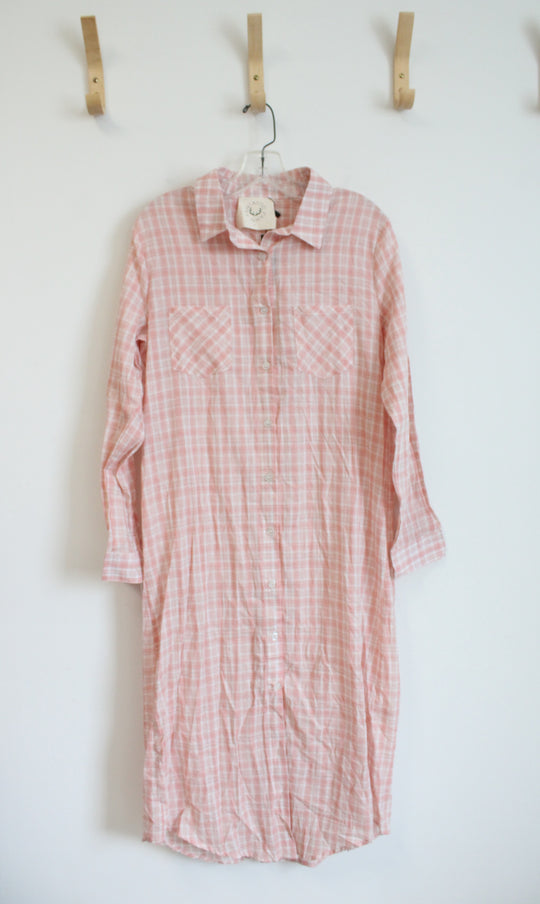 NEW Fantastic Fawn Pink Plaid Button Down Cotton Dress | S