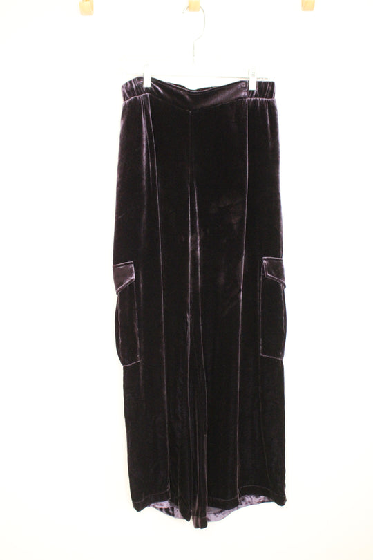 Johnny Was Jade Deep Purple Velvet Silk Wide Leg Cargo Pants | S