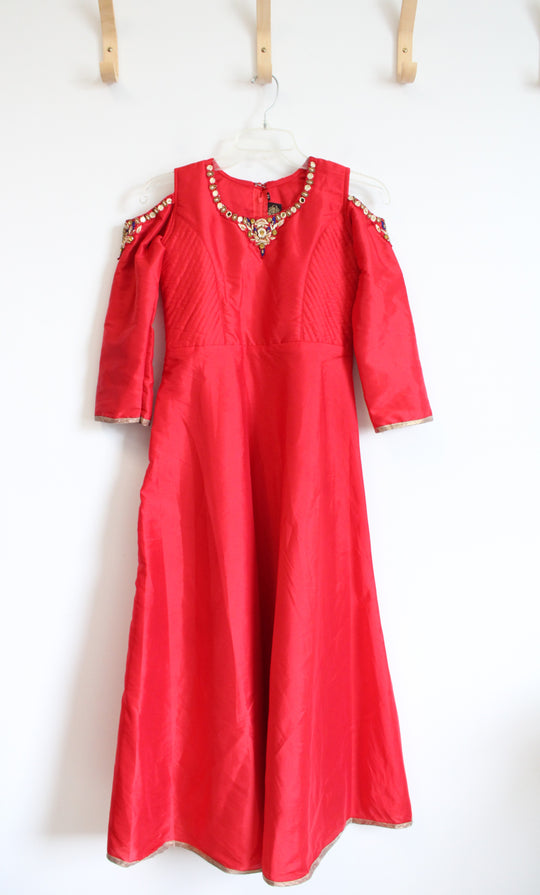 Jodha Red Beaded Cold Shoulder Dress | 32