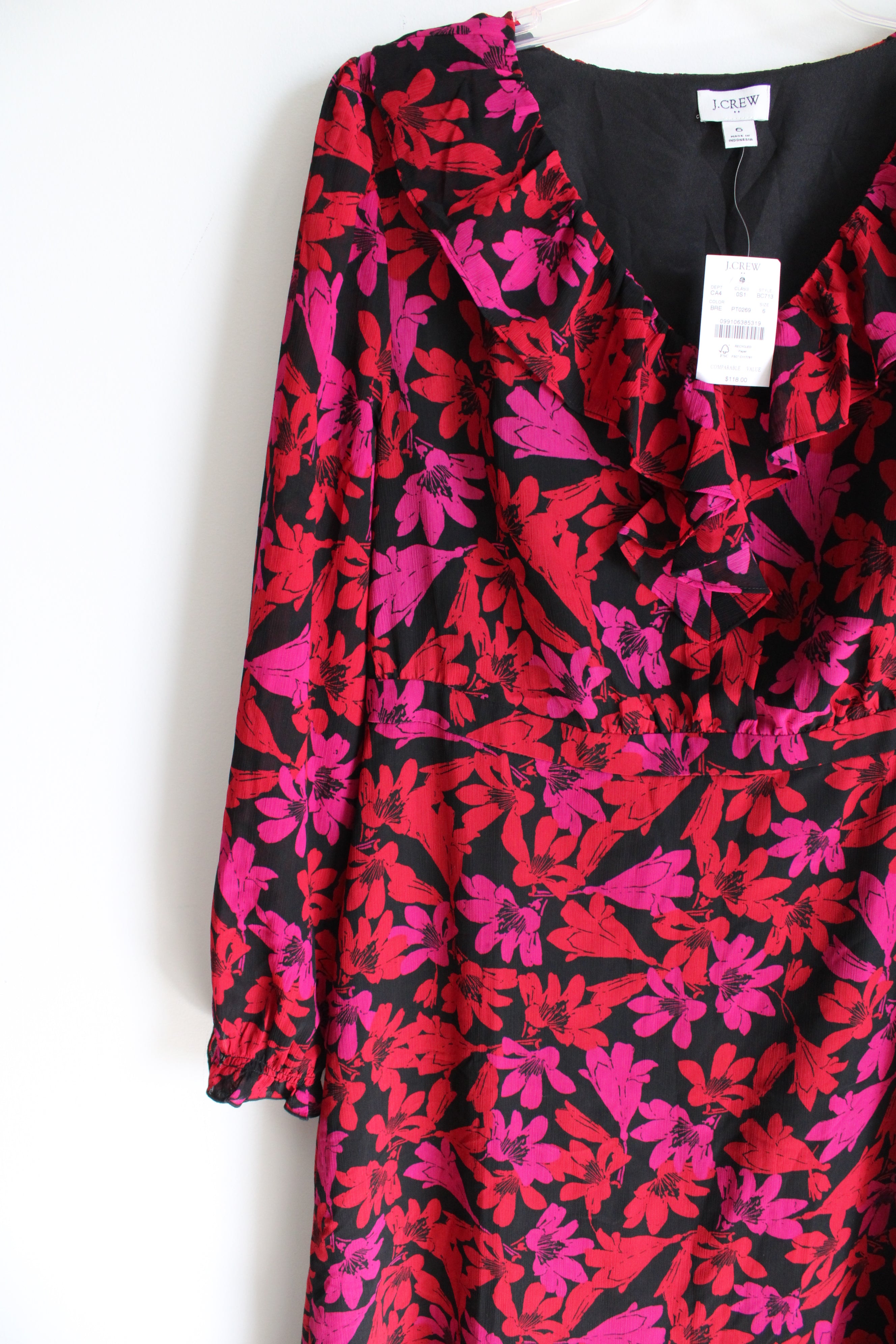 NEW J.Crew Red Pink Black Floral Chiffon Long Sleeved Dress | 6