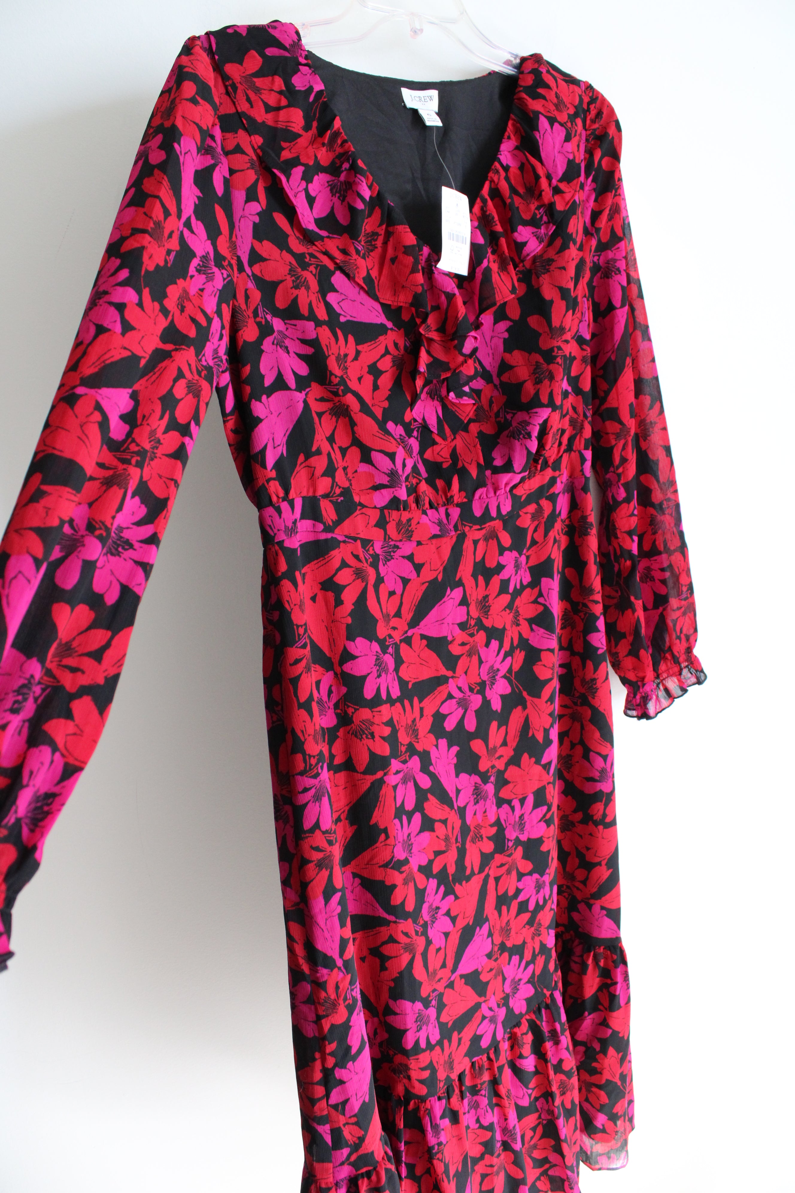 NEW J.Crew Red Pink Black Floral Chiffon Long Sleeved Dress | 6
