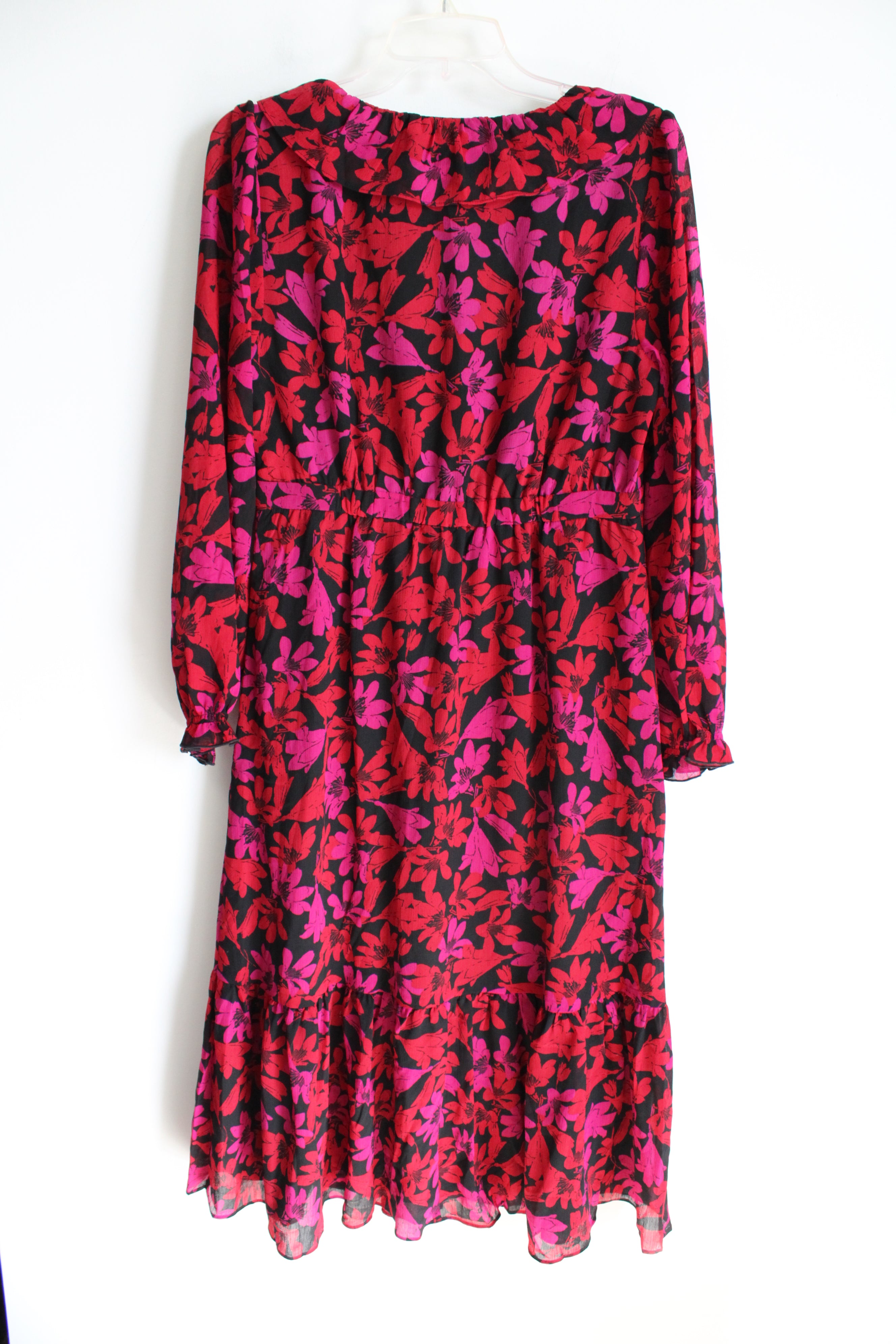 NEW J.Crew Red Pink Black Floral Chiffon Long Sleeved Dress | 6