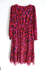 NEW J.Crew Red Pink Black Floral Chiffon Long Sleeved Dress | 6