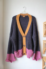 Pol Gray Pink & Gold Trim Color Blocked Cardigan | L