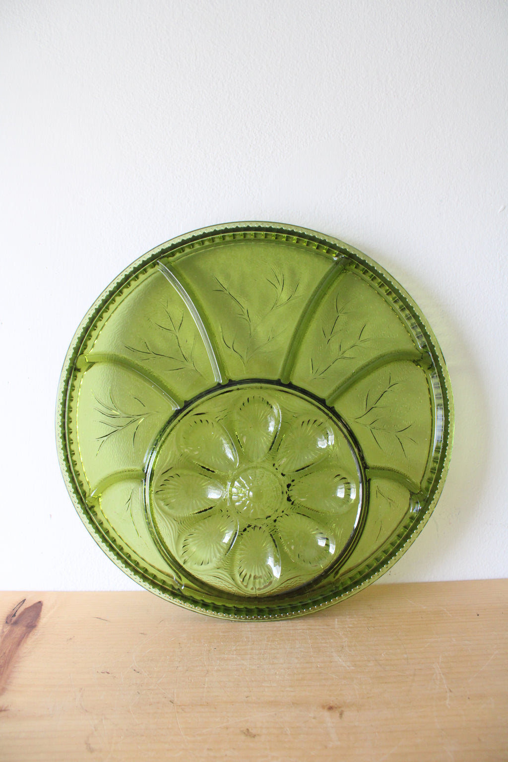 Vintage Indiana Glass Green Divided Deviled Egg Platter