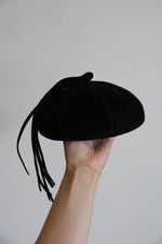 Black Genuine Velour Midcentury Saucer Tassel Hat