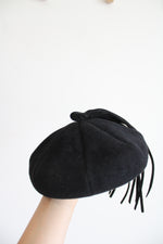 Black Genuine Velour Midcentury Saucer Tassel Hat