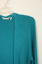 Soft Surroundings Open Front Teal Ribbed Long Cardigan | L
