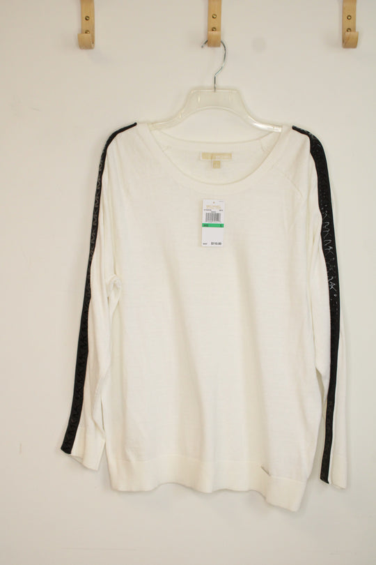 NEW Michael Kors White with Black Logo Sleeves Sweater | L