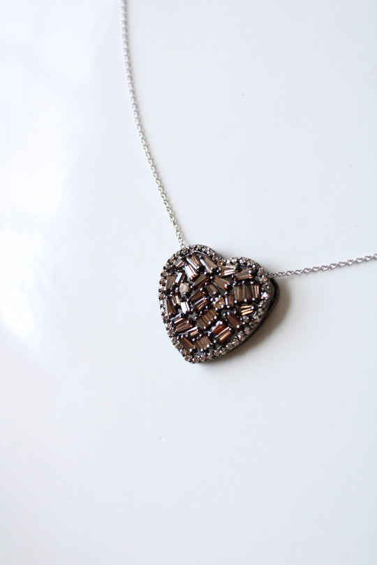 Cubic Zirconia Brown Gemstone & Diamond Edged Heart Pendant Necklace