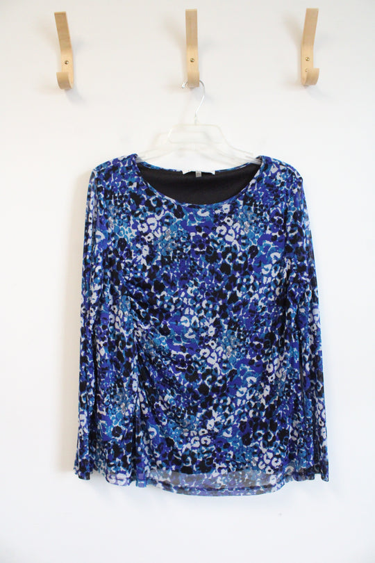 Kasper Blue Black & White Animal Print Ruched Side Top | XL