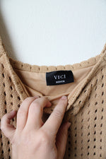 Vici Seychelles Tan Crochet Knit Fitted Midi Dress | M