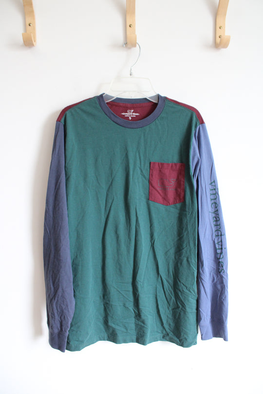 Vineyard Vines Green Maroon & Blue Color Block Long Sleeved Shirt | Youth XL