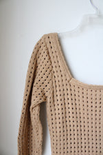 Vici Seychelles Tan Crochet Knit Fitted Midi Dress | M